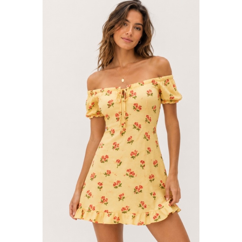 Urban Outfitters Magpie Cherry Print Off The Shoulder Mini Dress Yellow Size XS